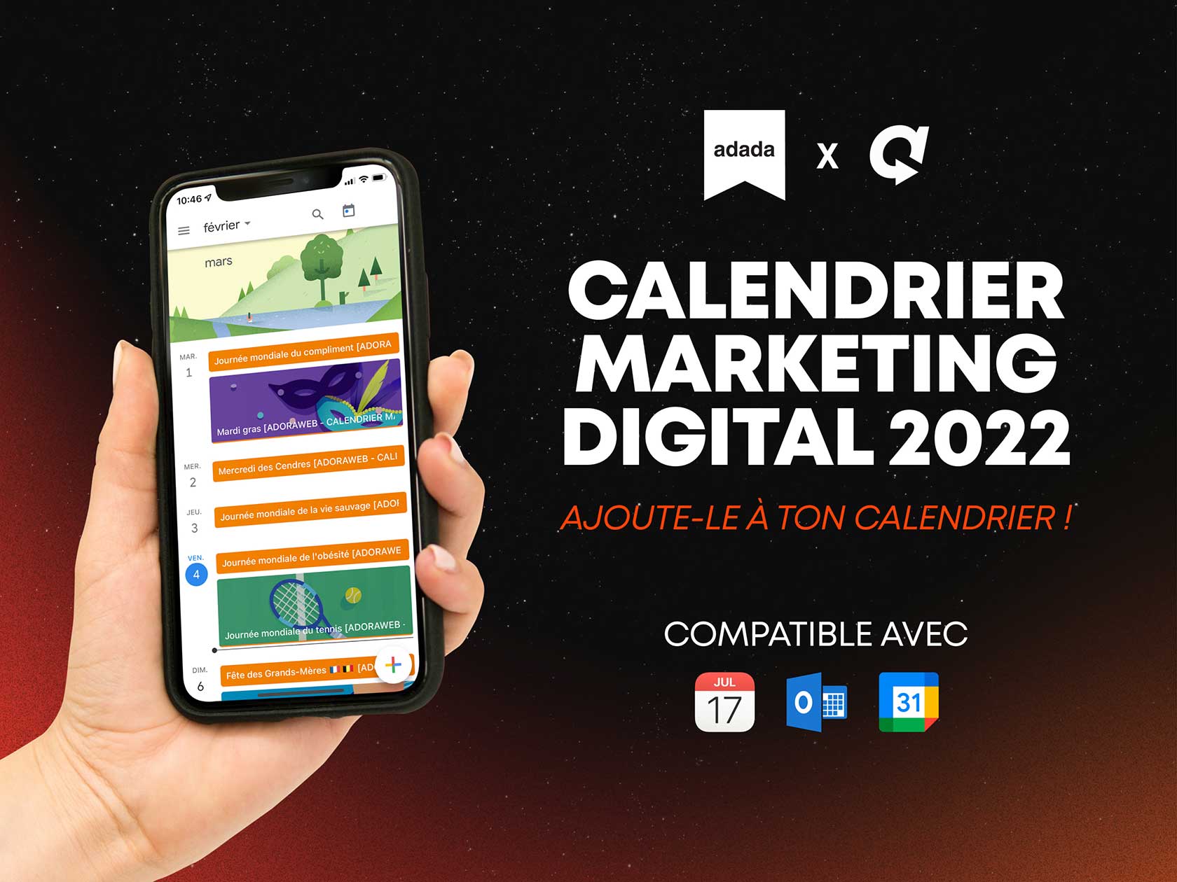 Télécharge ton calendrier marketing digital 2022 adoraweb x adada